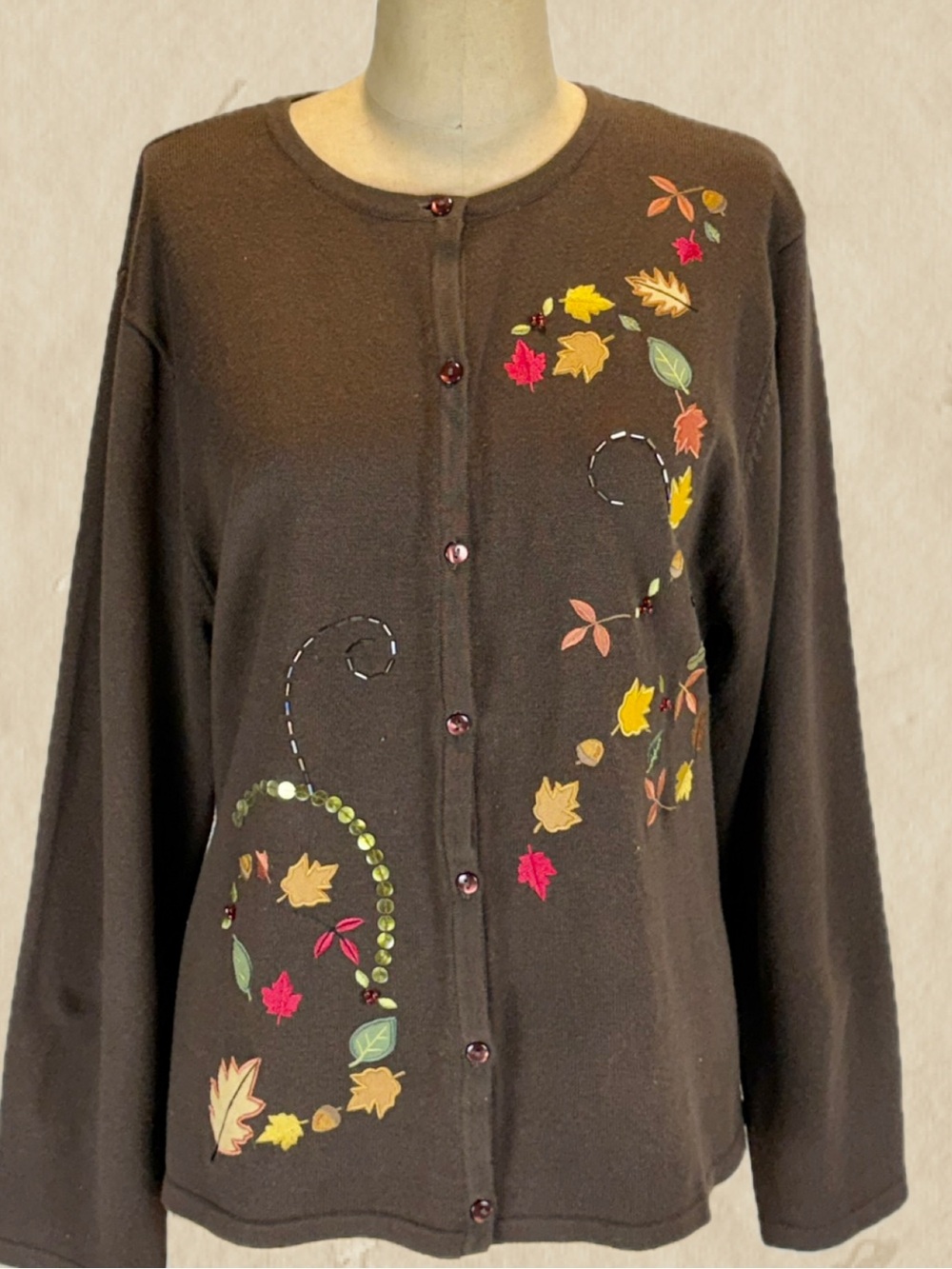 VINTAGE 90s fall leaf autumn foliage knit sweater button cardigan earthy nature